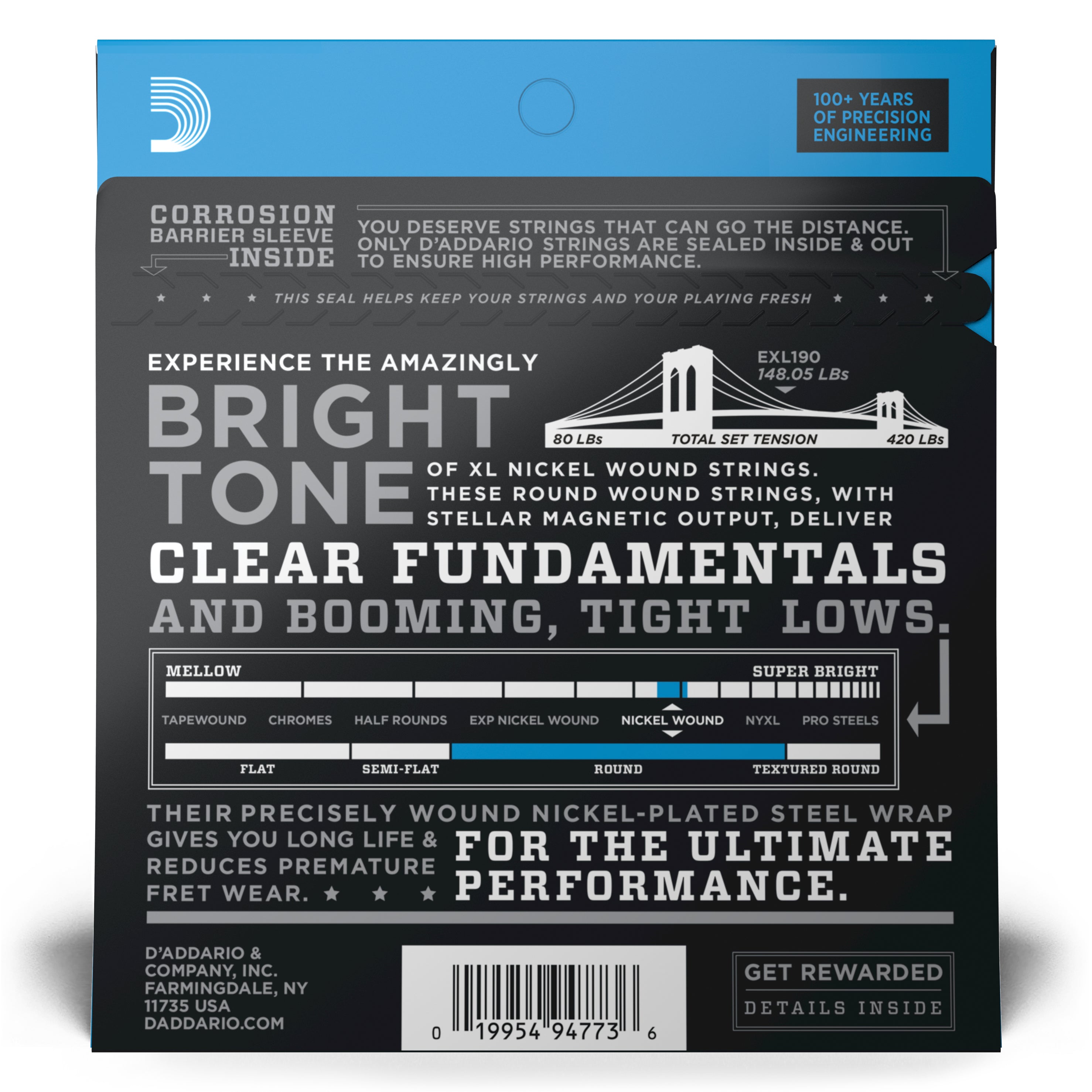 D'Addario Cordes en nickel pour basse D'Addario EXL190, Custom Light, 40-100, cordes longues
