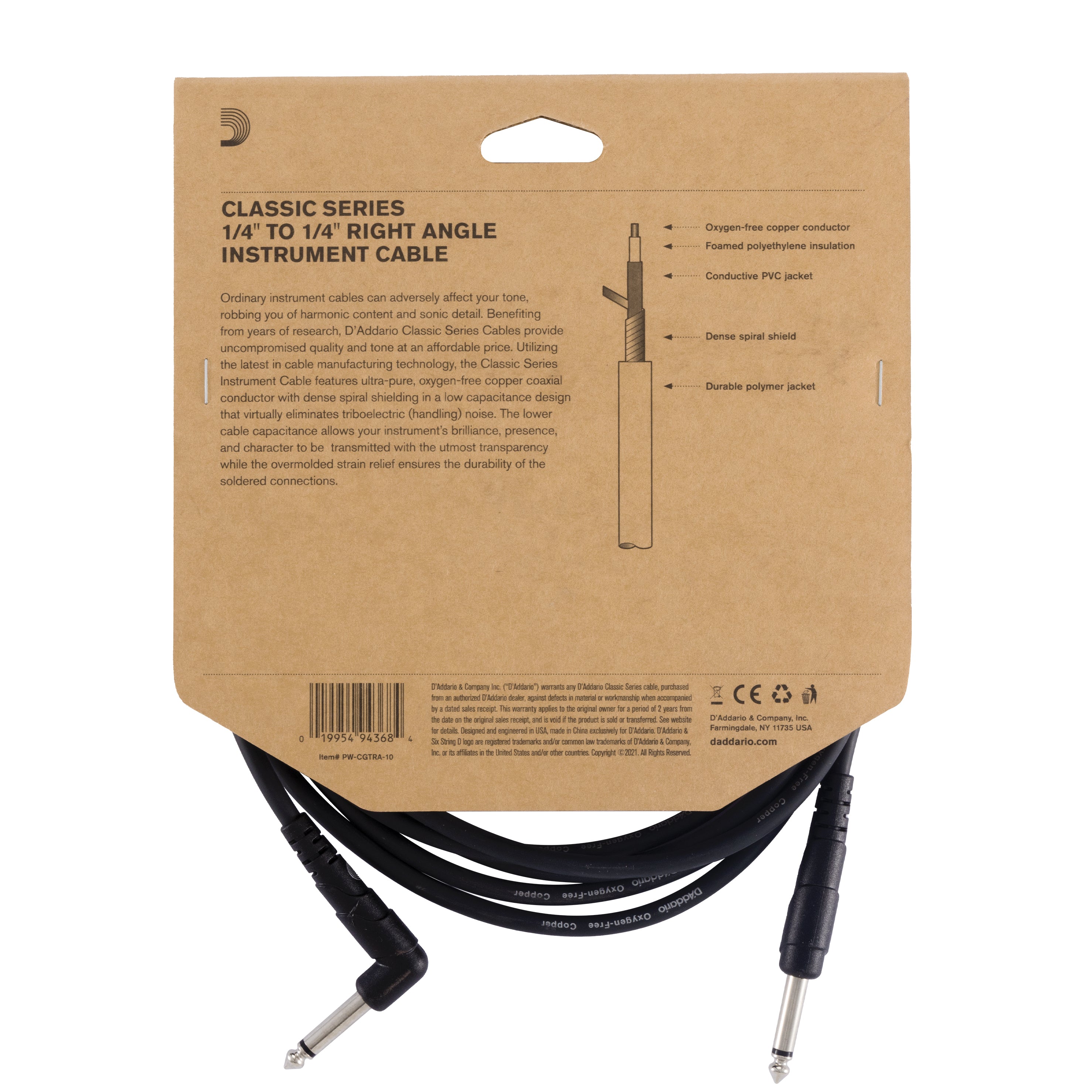 D'Addario Câble instrument gamme Classics par D'Addario, connecteur à angle droit, 3 m