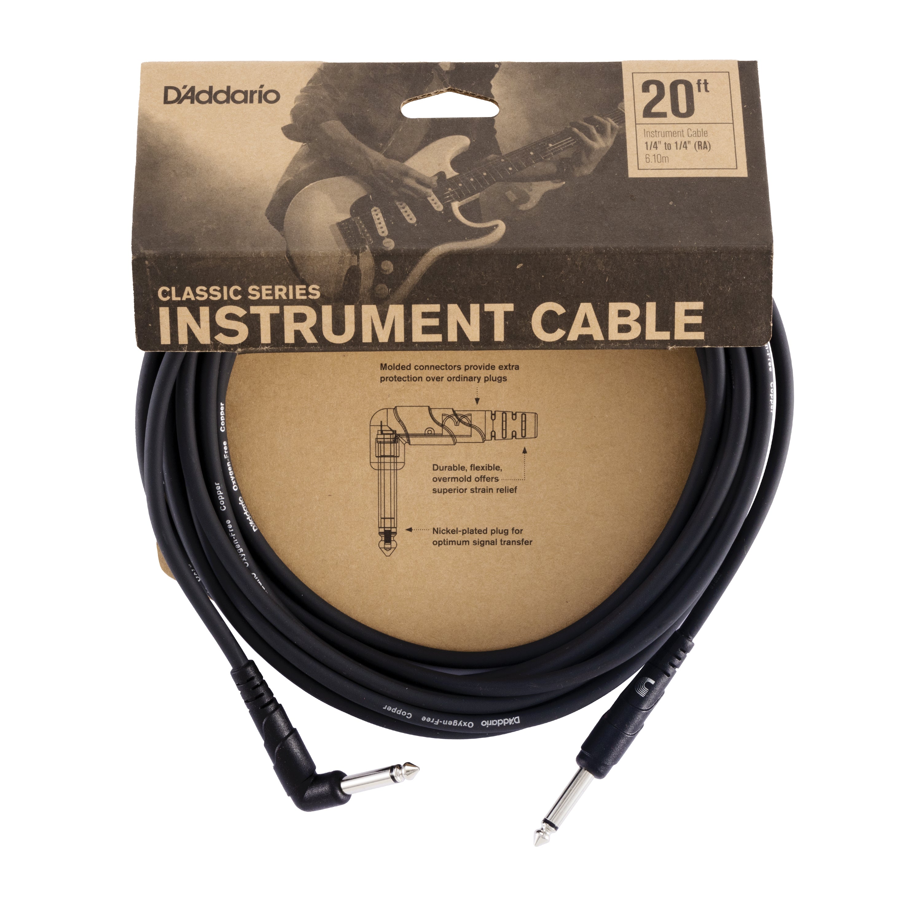 D'Addario Câble instrument gamme Classics par D'Addario, connecteur à angle droit, 6 mètres