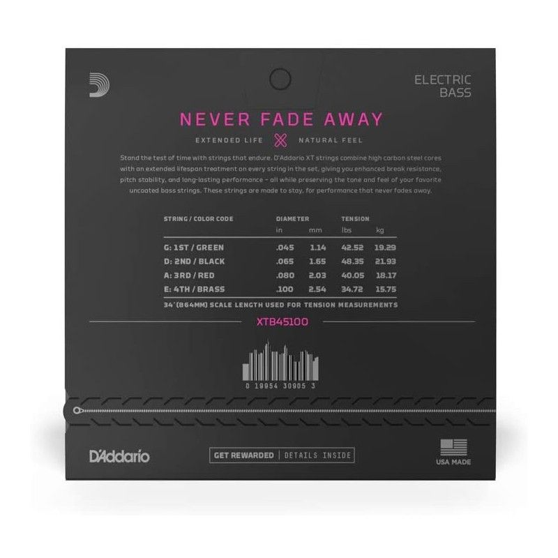 D'ADDARIO XT BASS NICKEL PLATED STEEL, REGULAR LIGHT, LONG SCALE, 45-100