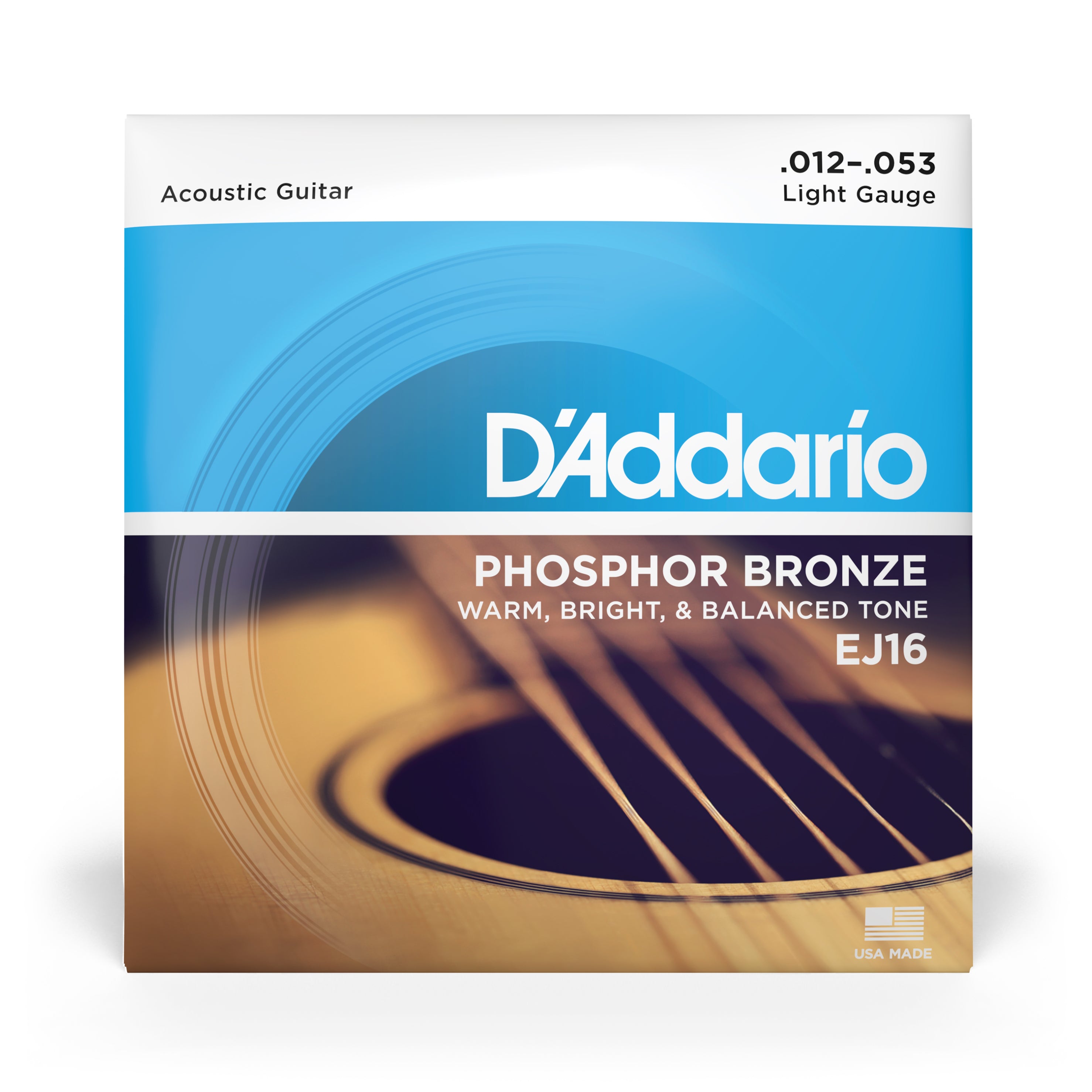 D'addario EJ16 Phosphor Bronze Acoustic Guitar Strings, Light, 12-53