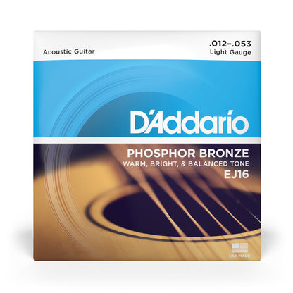 D'addario EJ16 Phosphor Bronze Acoustic Guitar Strings, Light, 12-53