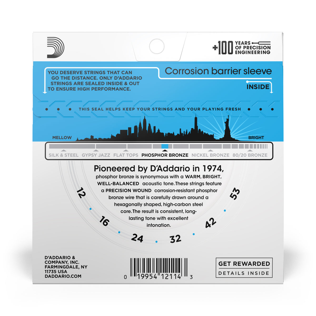 D'addario EJ16 Phosphor Bronze Acoustic Guitar Strings, Light, 12-53
