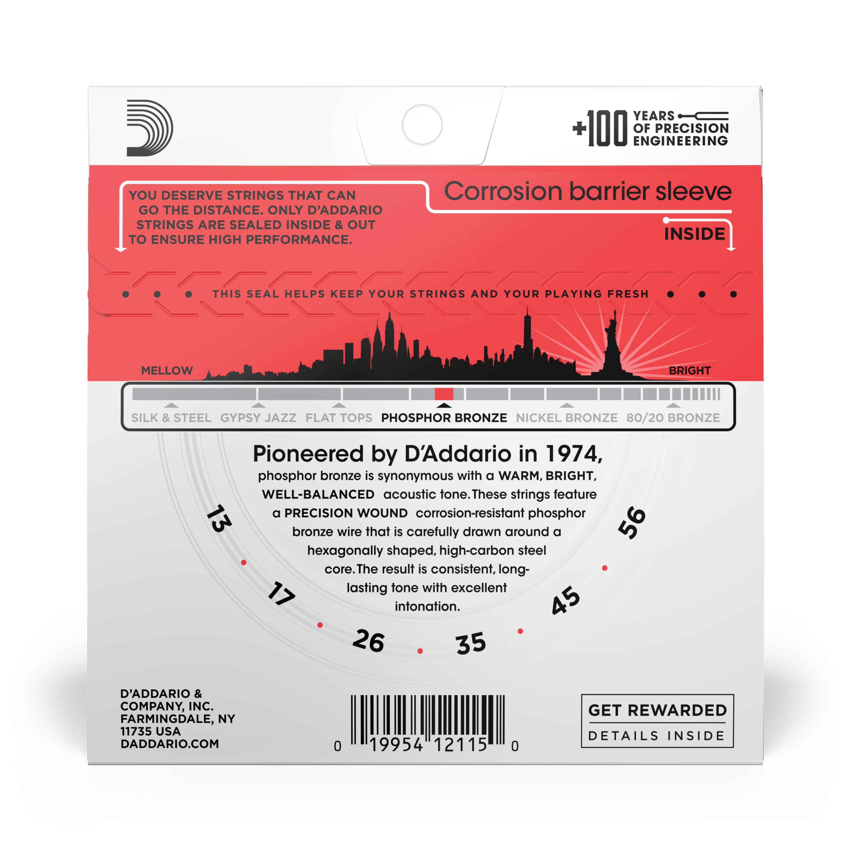D'addario EJ17 Phosphor Bronze Acoustic Guitar Strings, Medium, 13-56