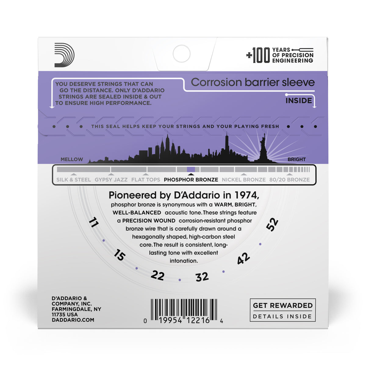 D'addario EJ26 Phosphor Bronze Acoustic Guitar Strings, Custom Light, 11-52