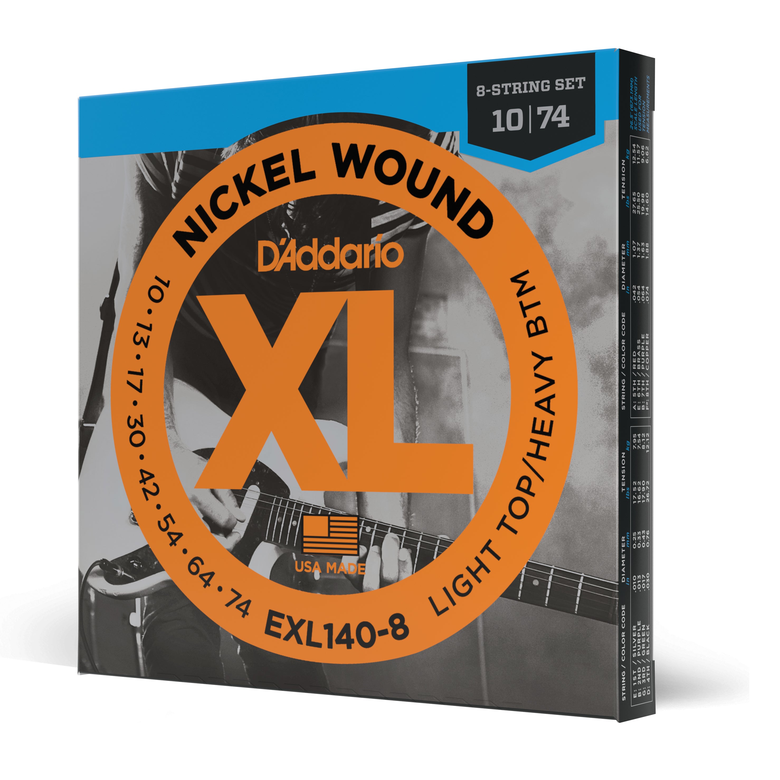 D'addario EXL140-8 Nickel Wound, 8-Strings, Light Top/Heavy Bottom, 10-74