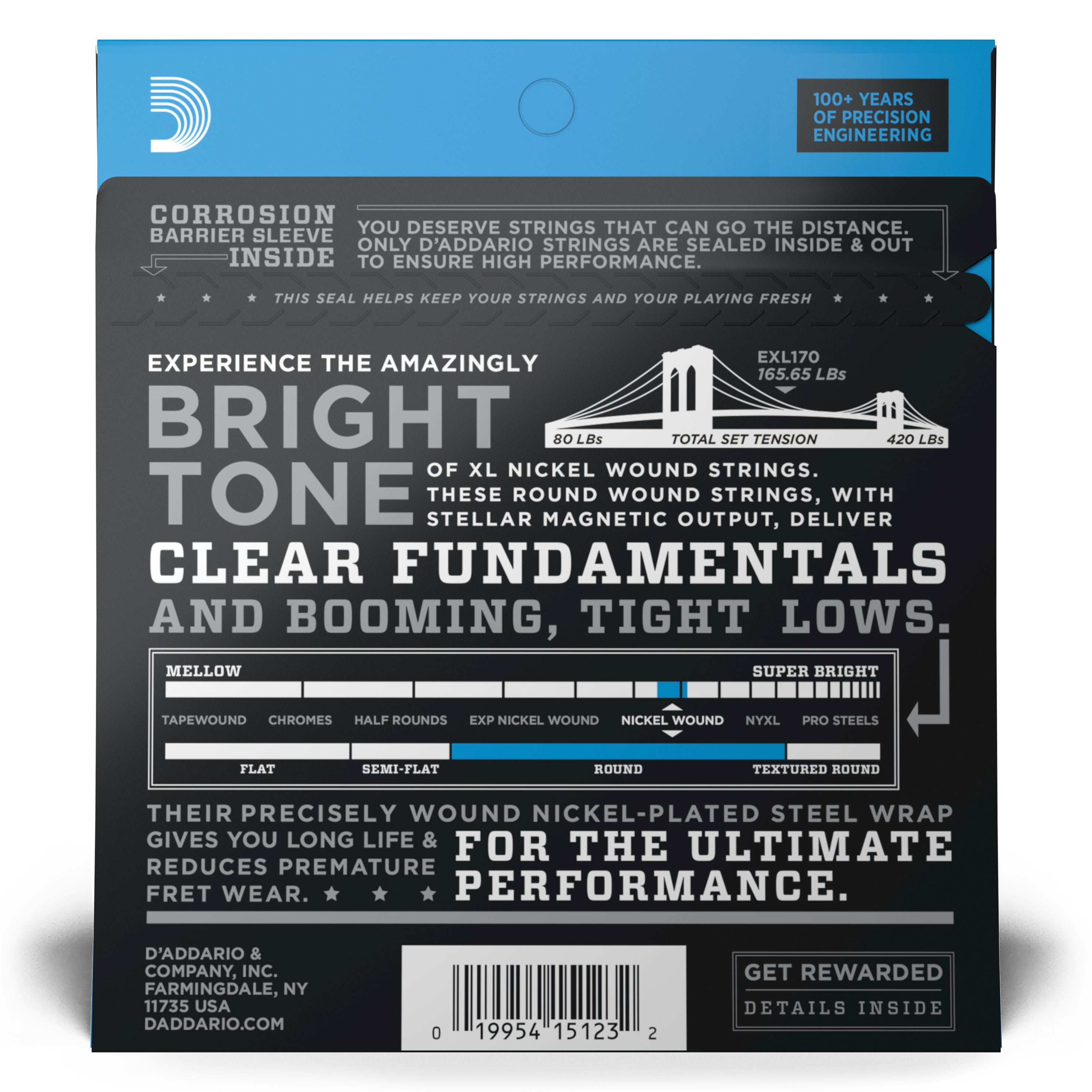 D'Addario Cordes en nickel pour basse D'Addario EXL170, Light, 45-100, cordes longues