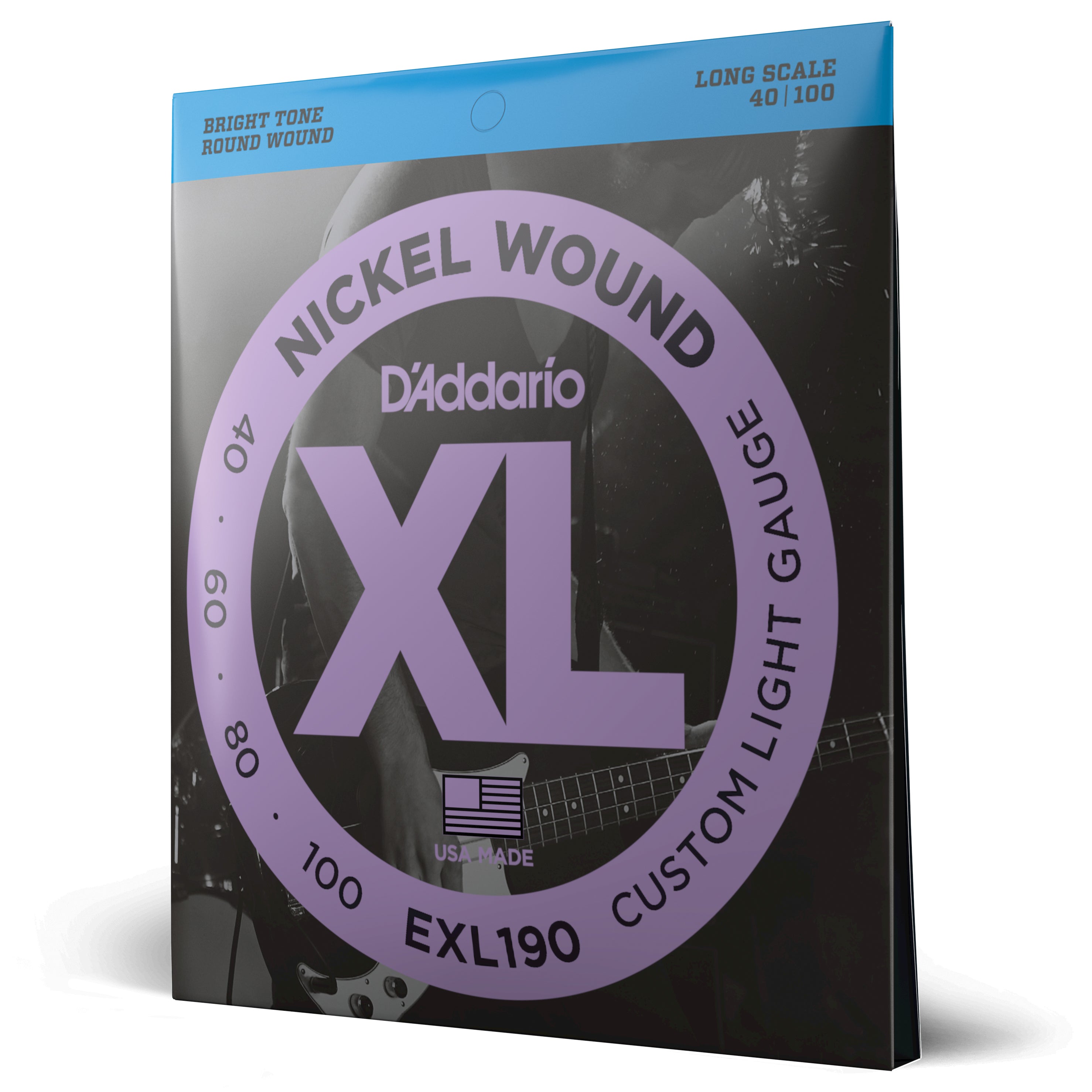 D'Addario Cordes en nickel pour basse D'Addario EXL190, Custom Light, 40-100, cordes longues
