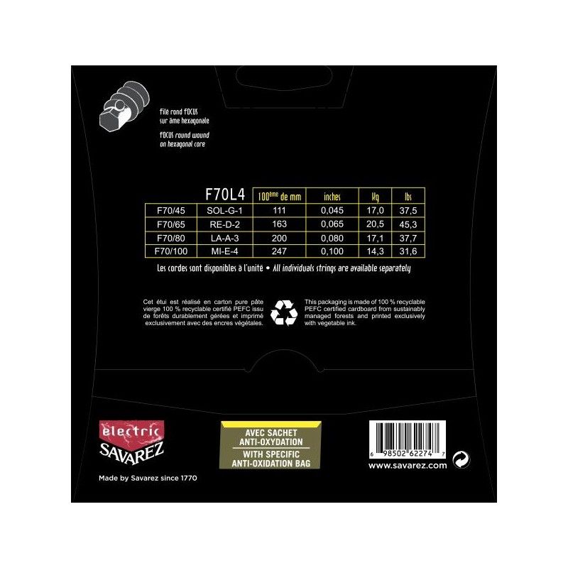 Savarez Focus F70L4 Jeu de 4 cordes pour Basse Tirant 45-100
